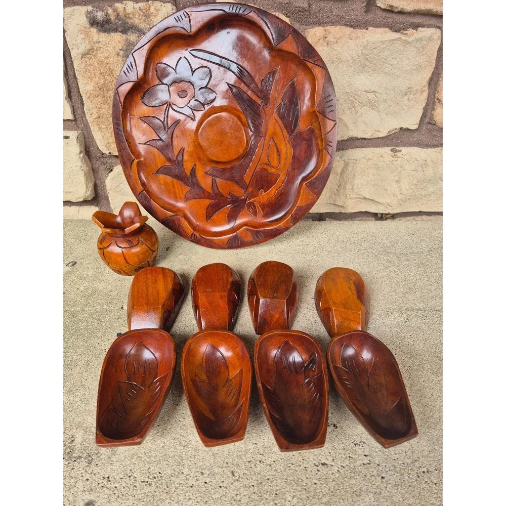 Vintage‎ Hand Carved Wood Snack Serving Set Tray Bowls Mid Century Boho